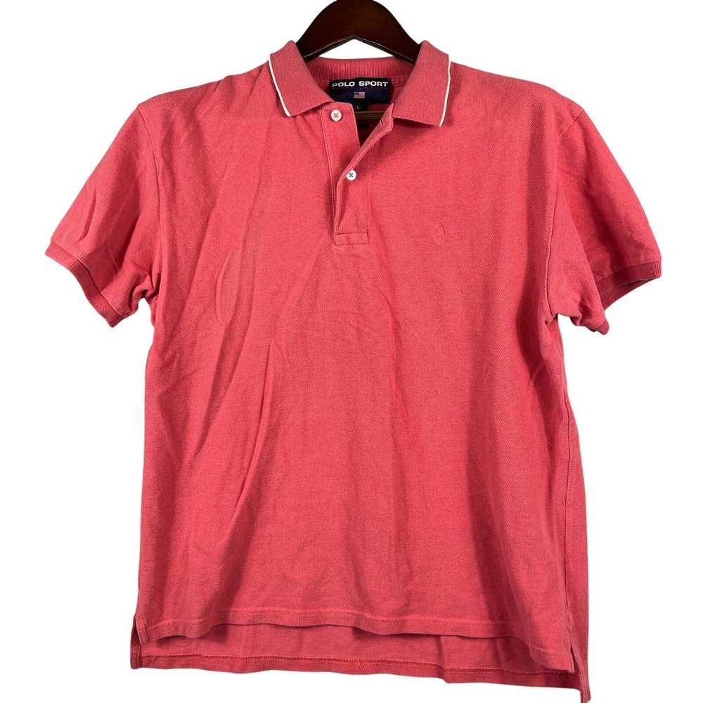 VTG Polo Sport Men L Pique Polo Shirt Coral Pink White Collar Preppy Classic Fit